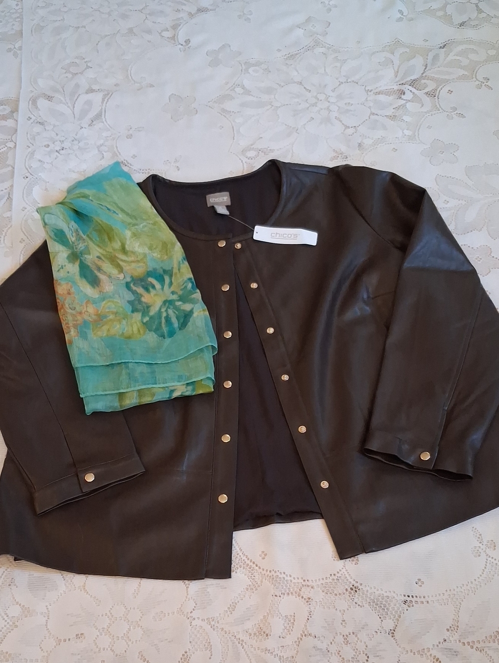 Chico's Dark Brown Faux Leather Snap-Front Jacket with Gold-Tone Snaps